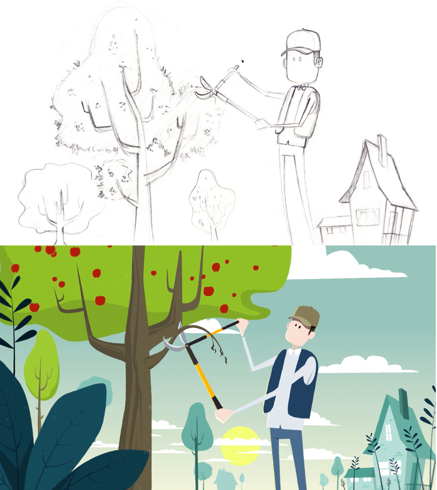 Sketch and illustration taken from a scene from the motion design video about apple trees diseases.