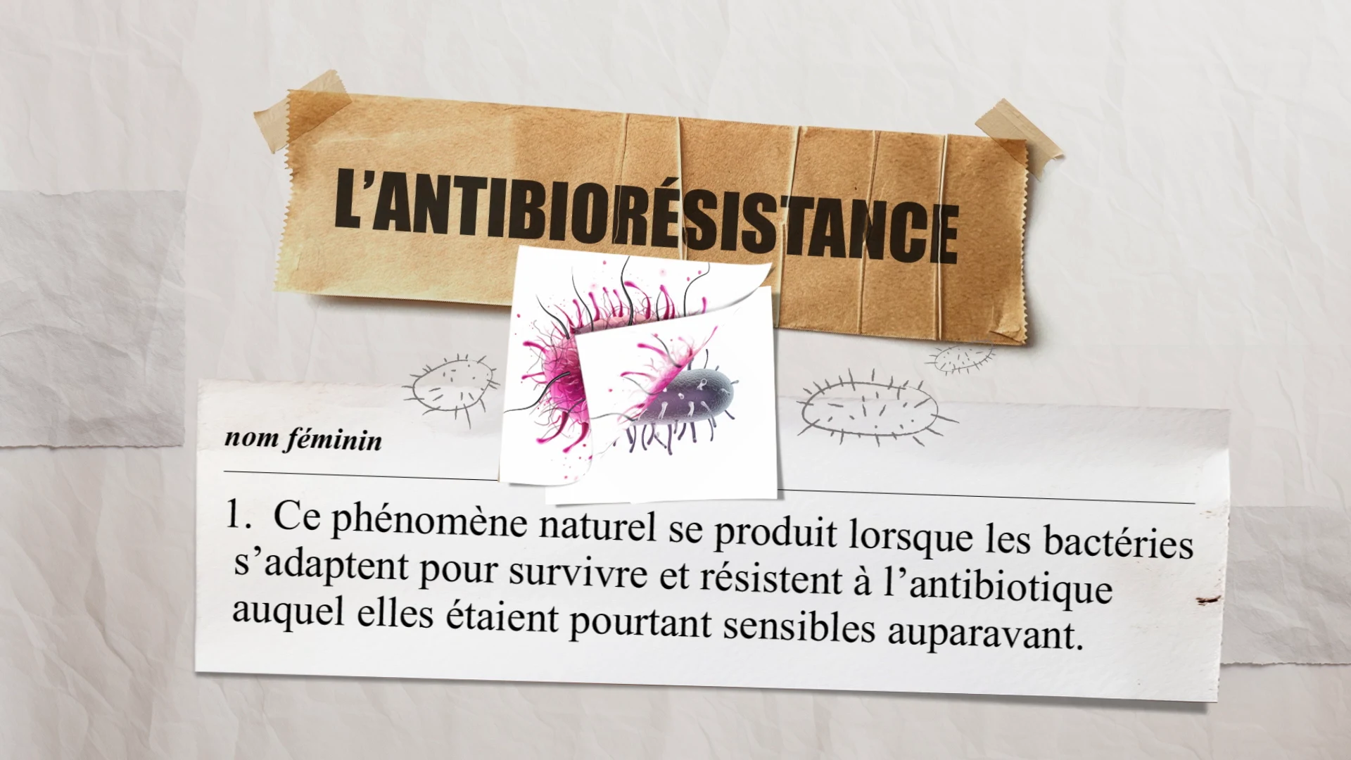 Définition de l’antibiorésistance présentée sur des morceaux de papier avec une bactérie illustrée