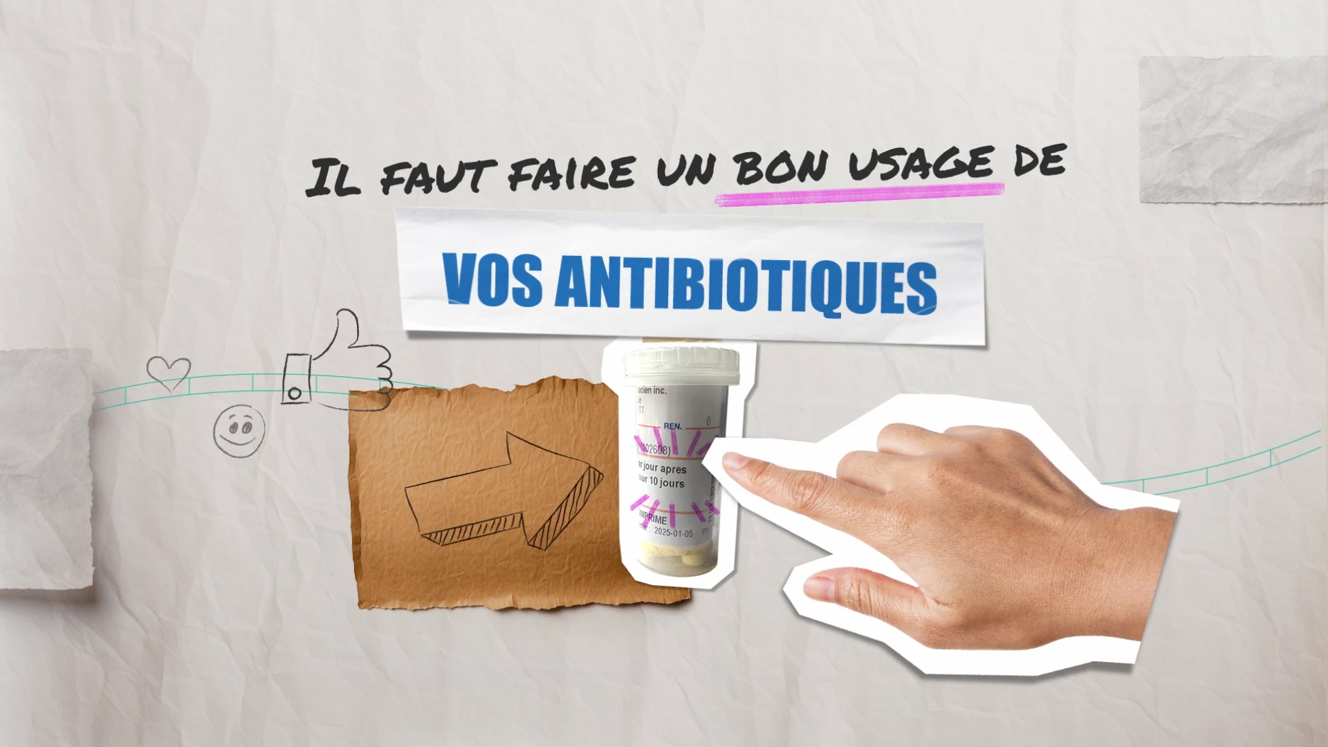 Main pointant un flacon de médicaments sous le message « Il faut faire un bon usage de vos antibiotiques »