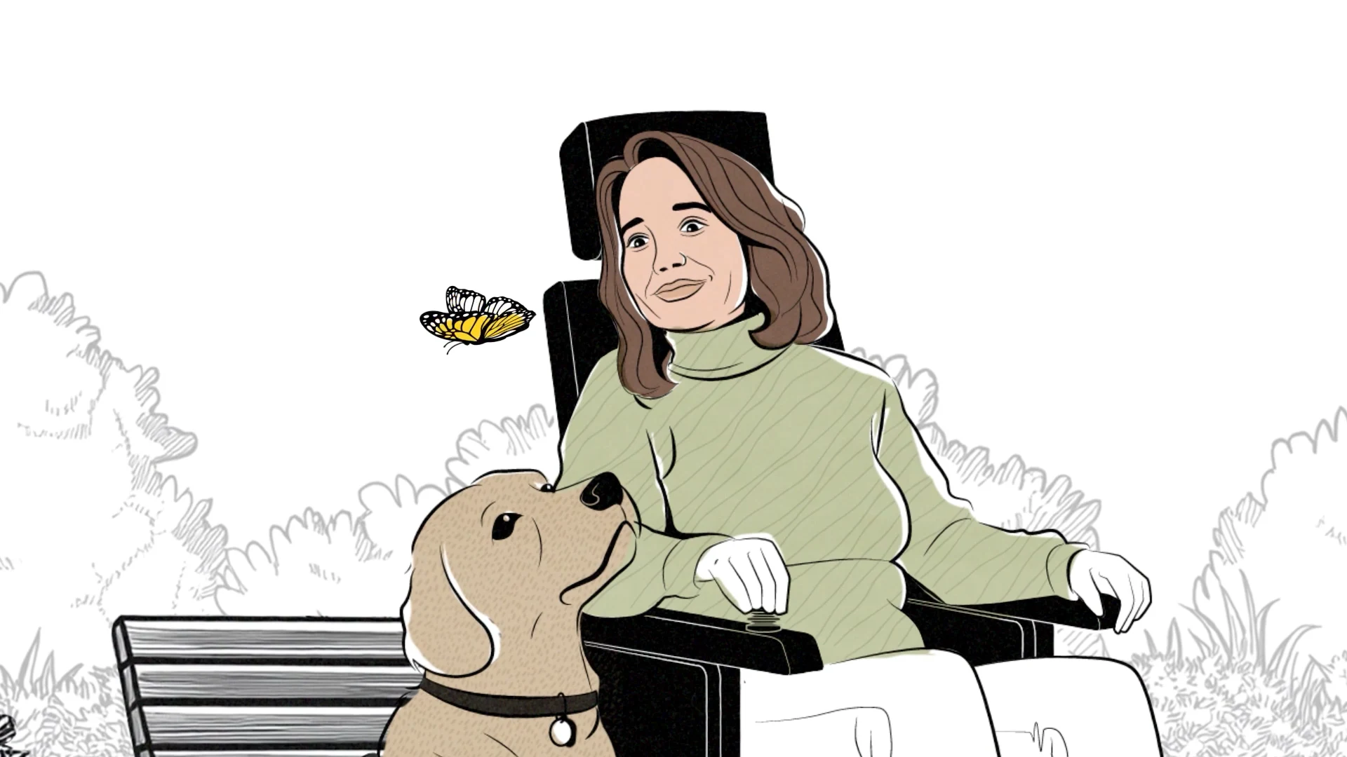 A woman using a wheelchair with her assistance dog in a park