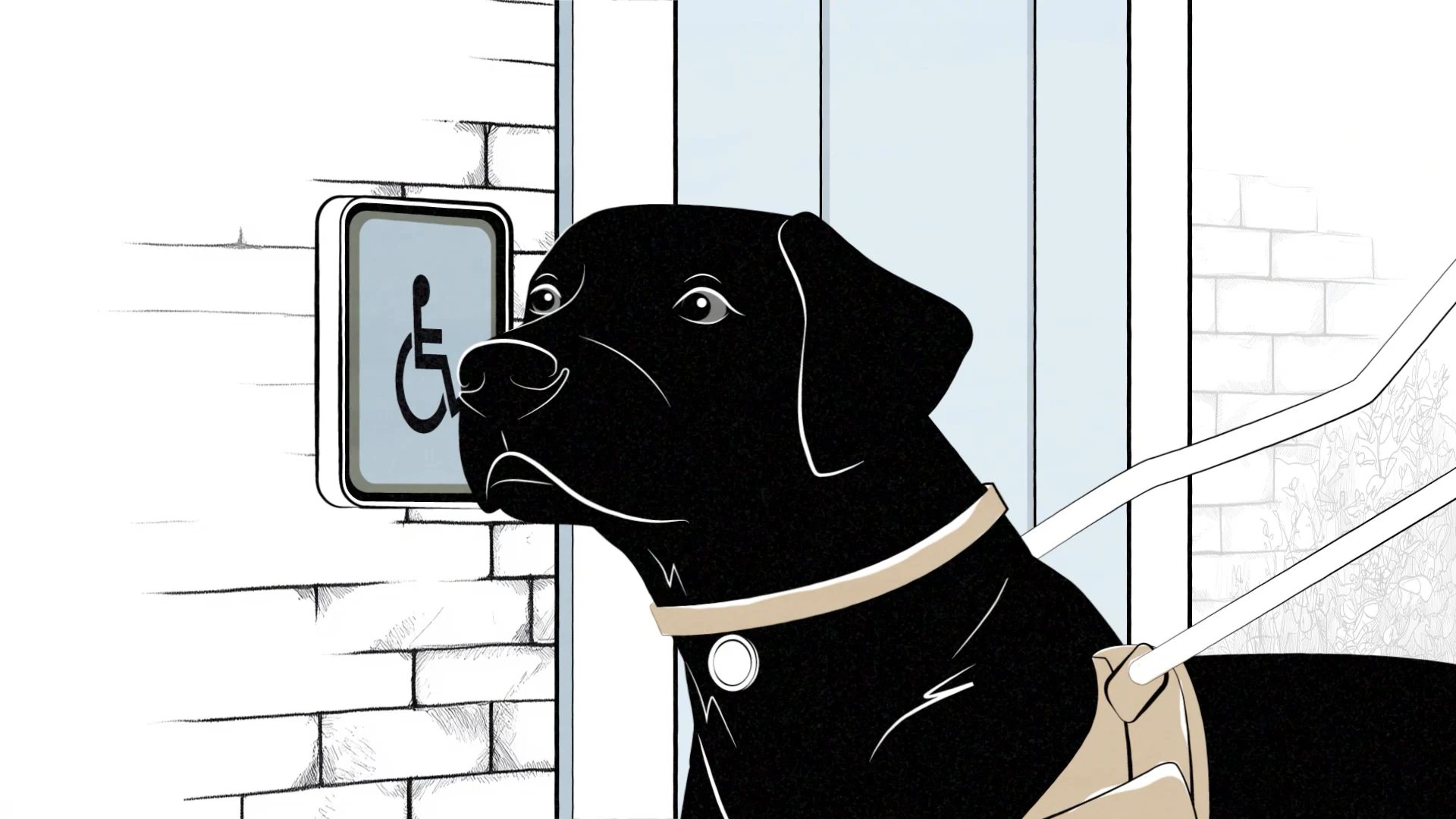 A black assistance dog beside a doorway and an accessibility sign
