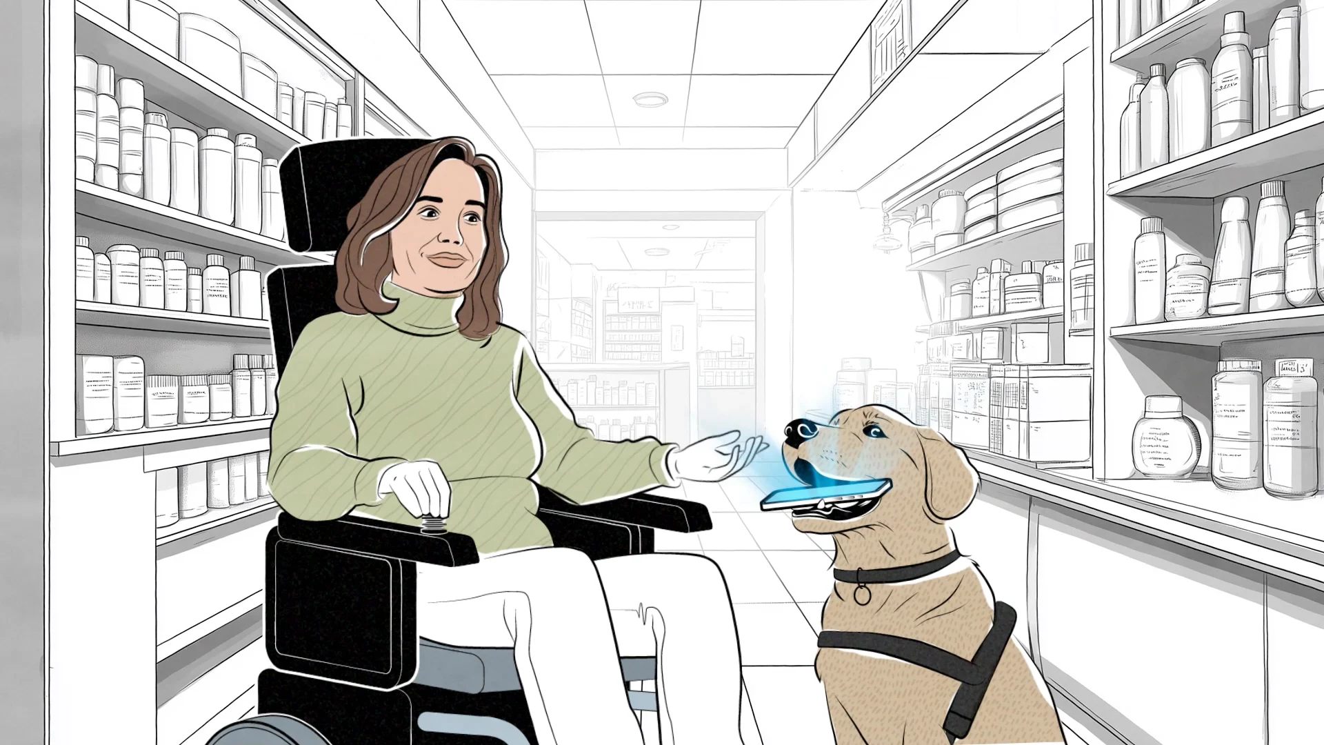 An assistance dog retrieves a blue object for a woman using a wheelchair in a pharmacy