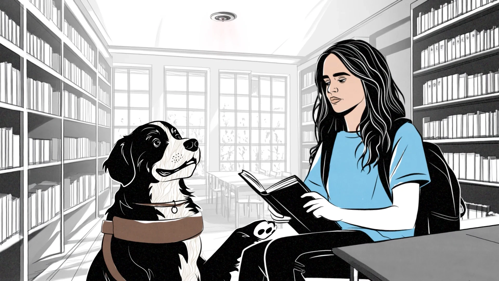 A woman reads in a library with her black-and-white assistance dog beside her