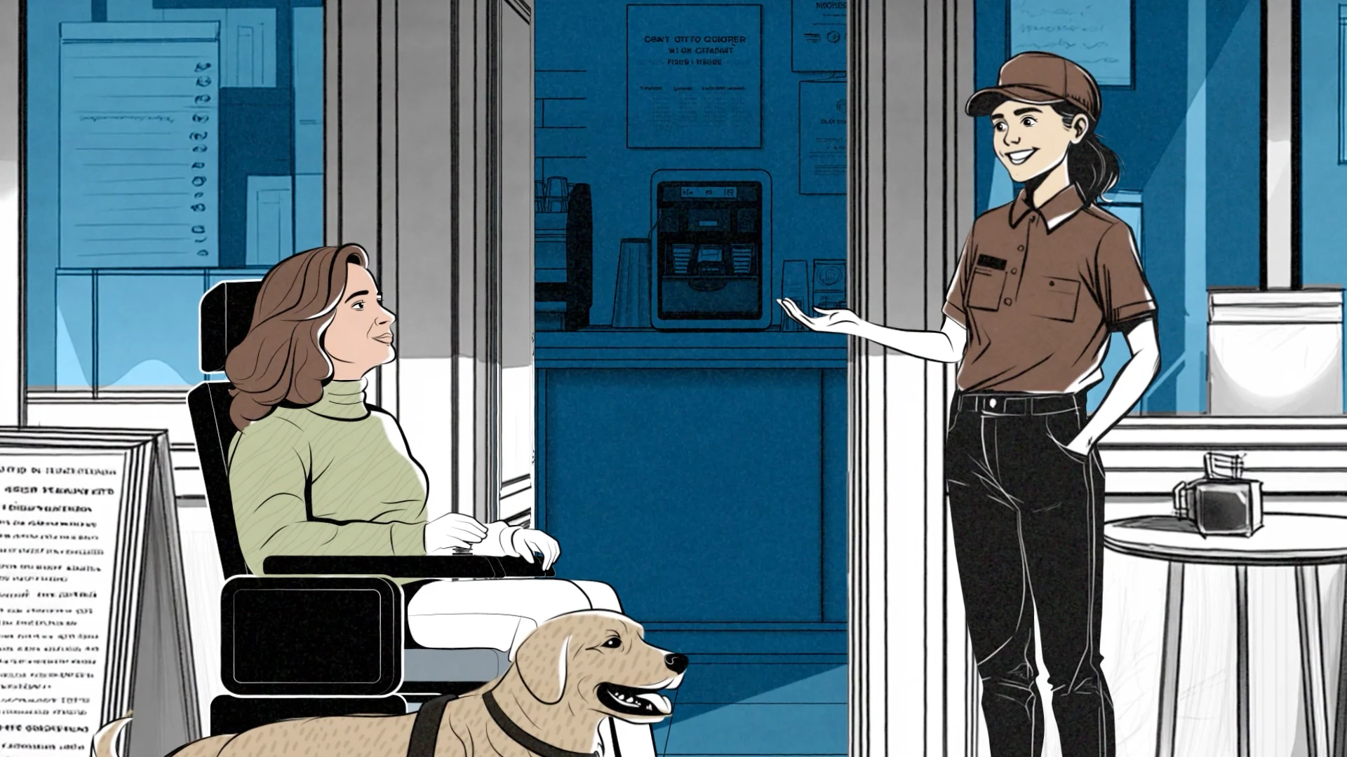 An employee welcomes a woman using a wheelchair and her assistance dog into a business