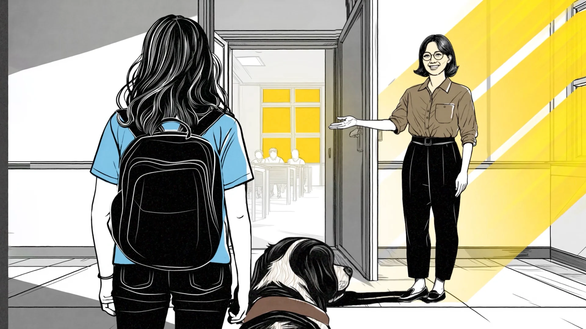 An open door welcomes a woman and her assistance dog into a yellow-lit corridor