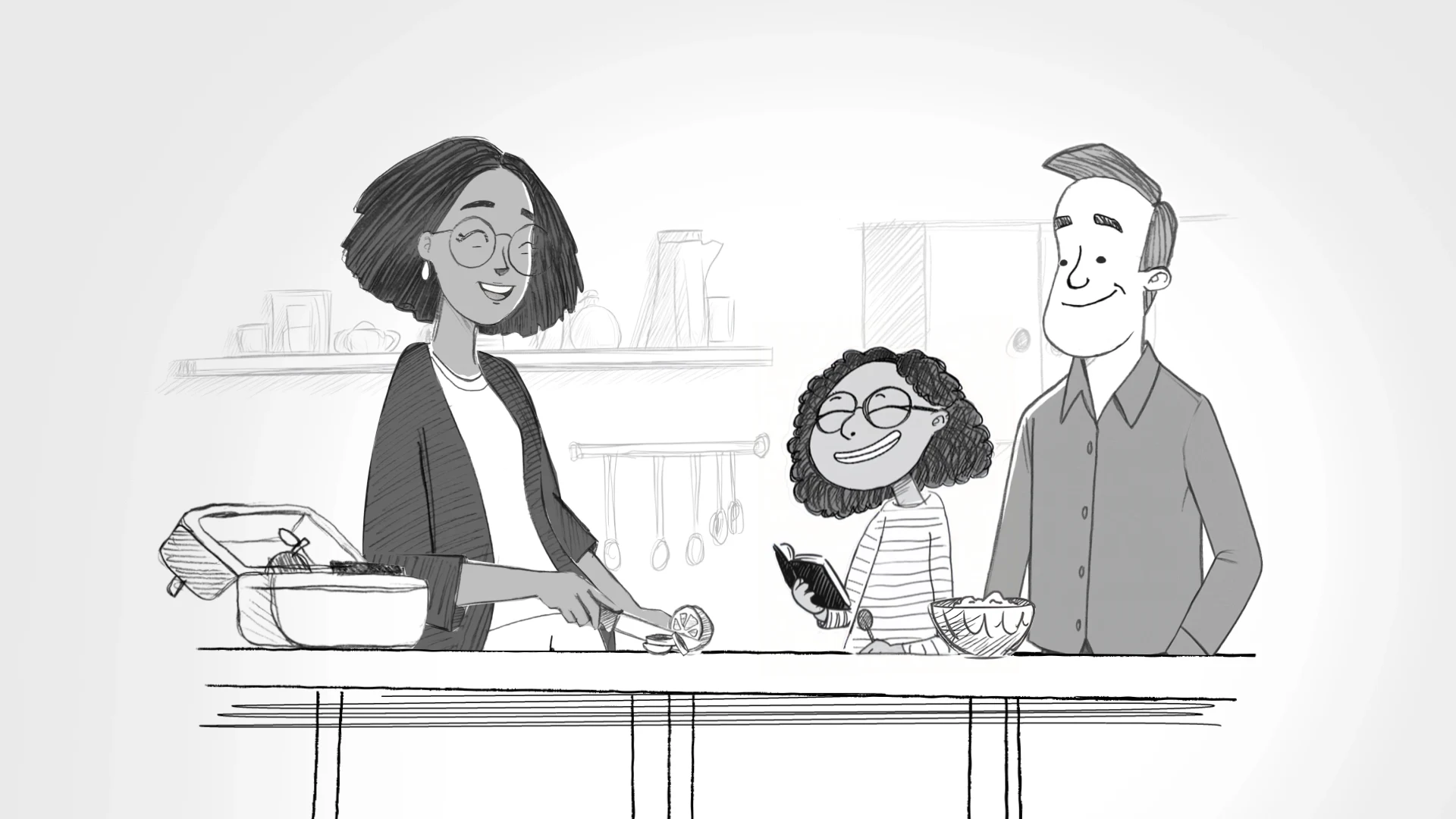 A family drawn in a pencil style shares a moment in the kitchen