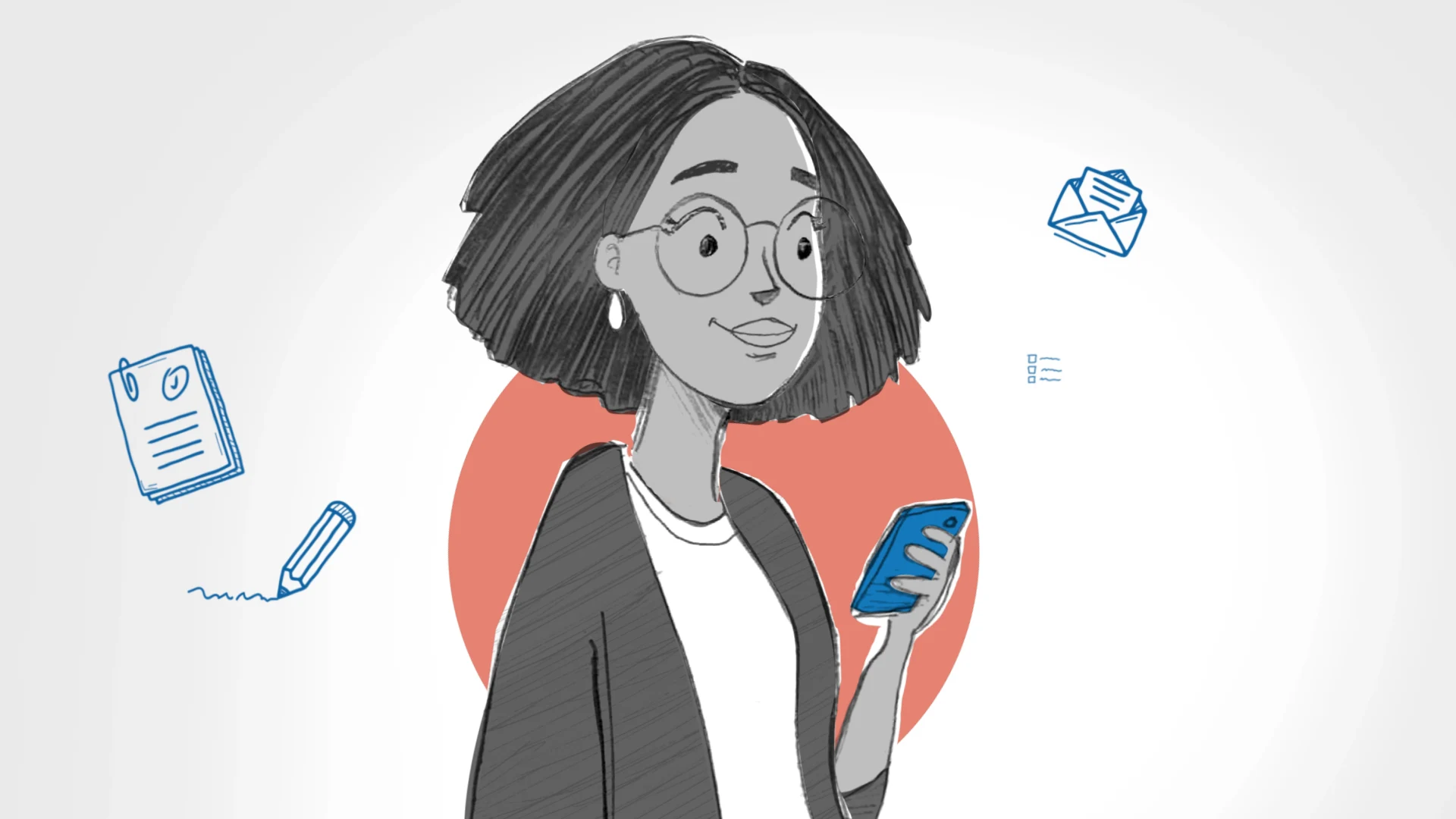 A mother holds a blue phone in front of a coral circle, surrounded by school-related icons