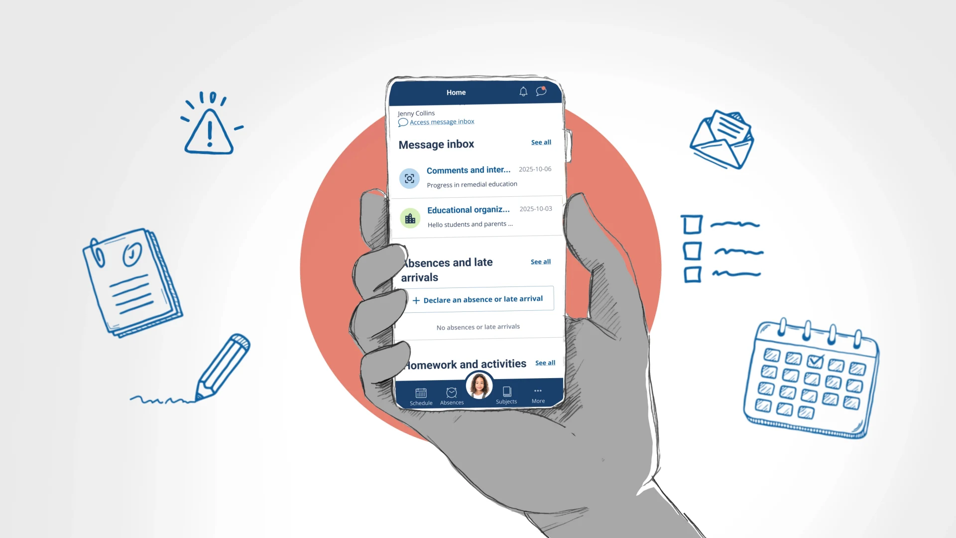A hand holds a phone showing the Clic École home screen in English, surrounded by a calendar and icons