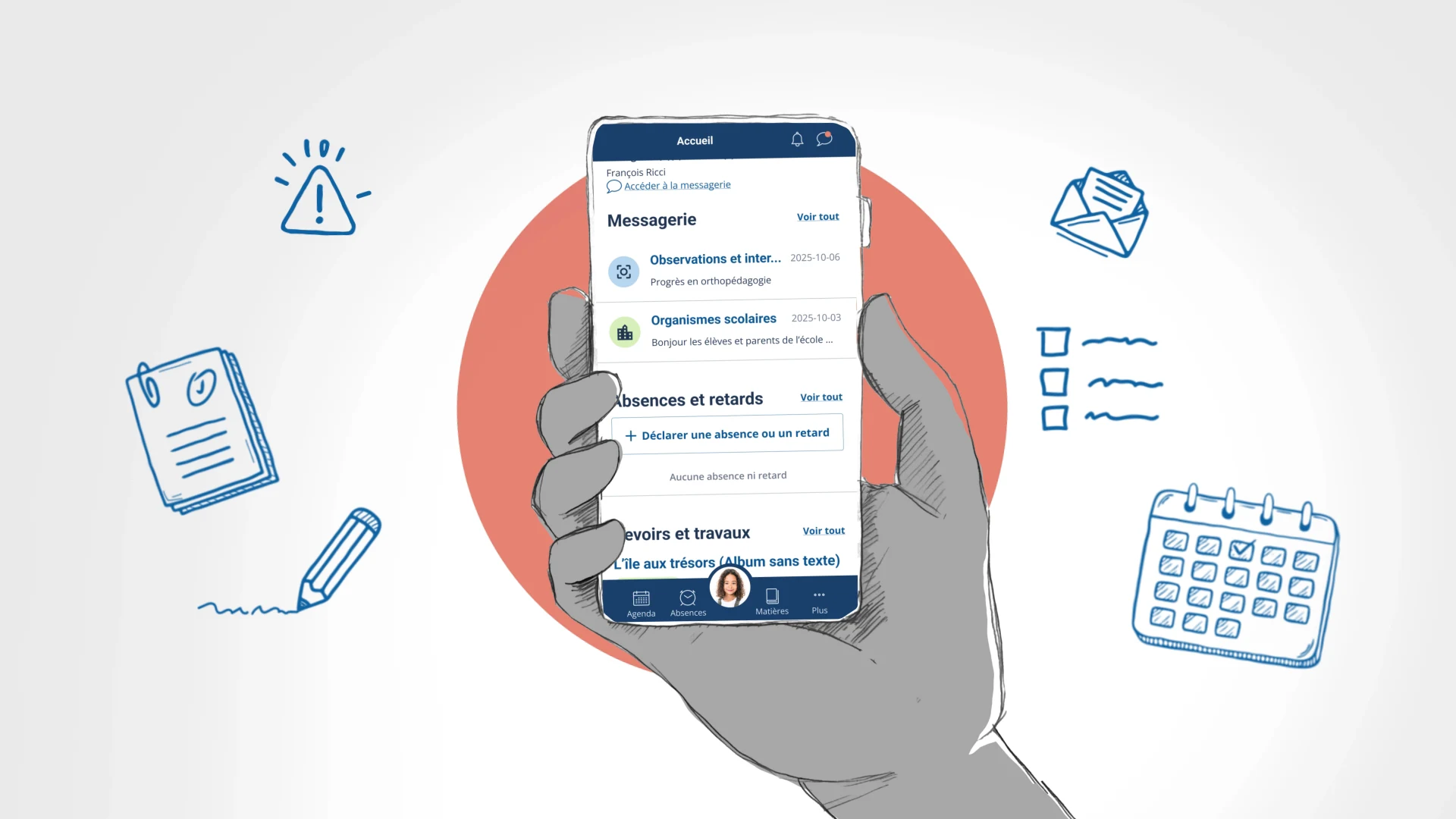 Une main tient un téléphone affichant l’accueil de Clic École en français, entouré d’un calendrier et de pictogrammes