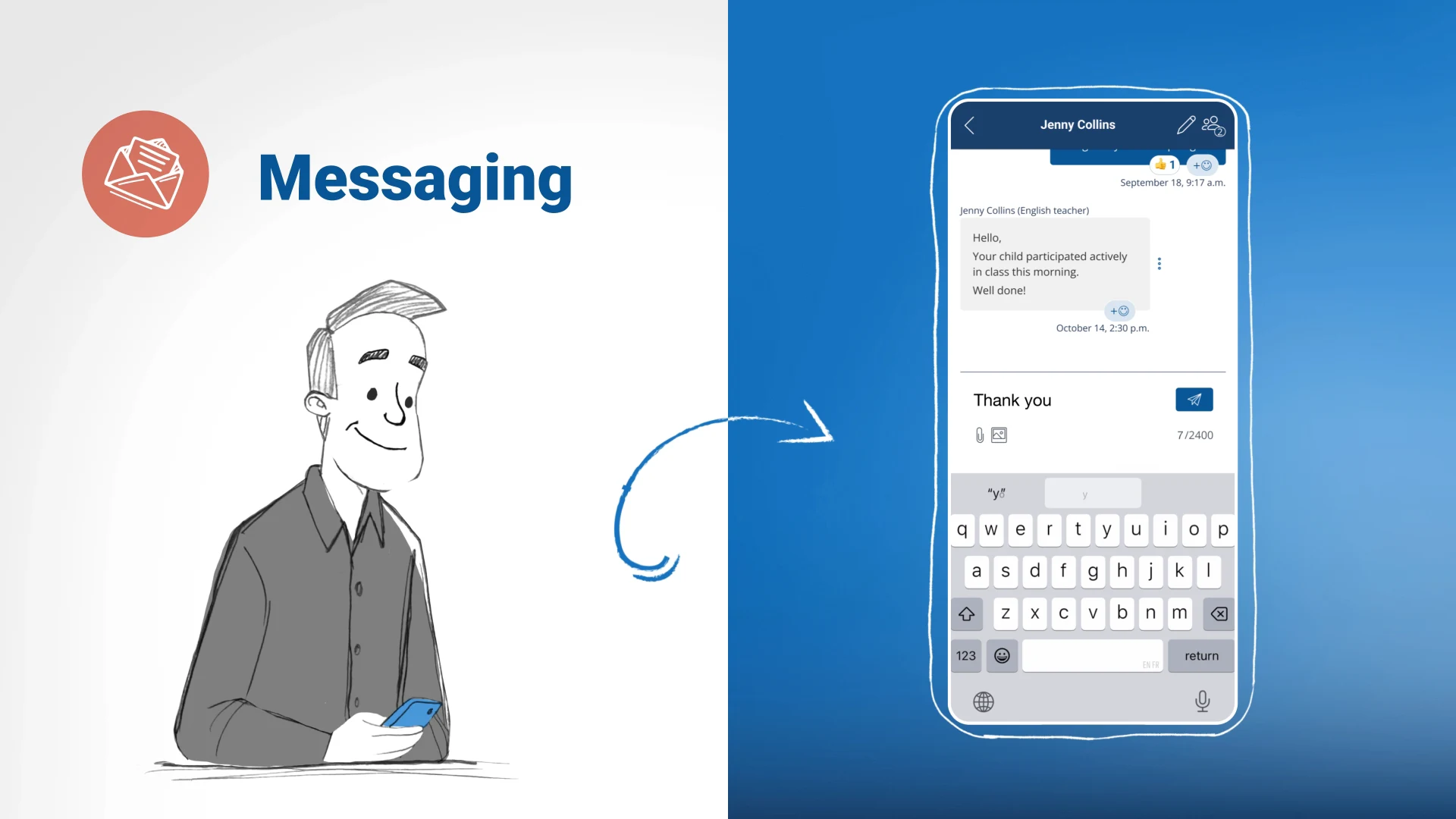 A father checks his phone beside an English-language demonstration of the messaging feature