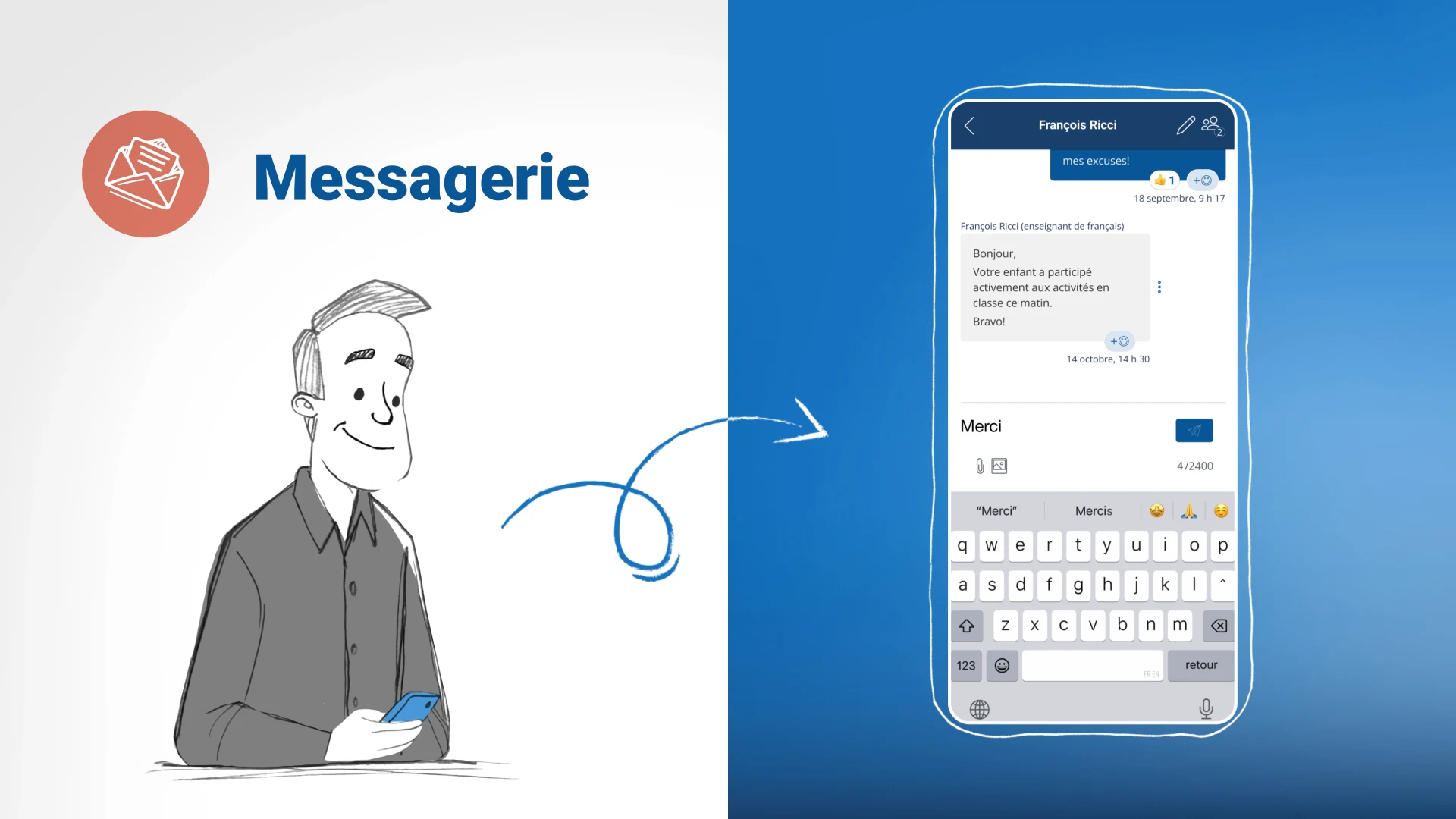 Un père consulte son téléphone à côté d’une démonstration de la messagerie en français