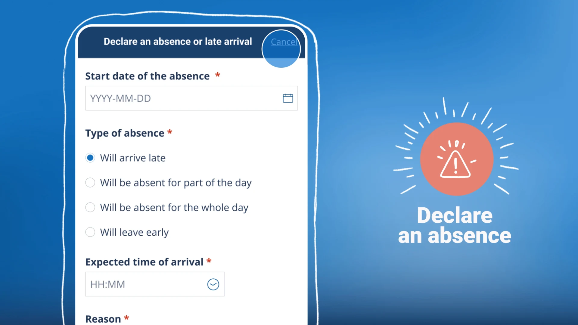 An English-language absence reporting form on a phone, alongside an alert icon