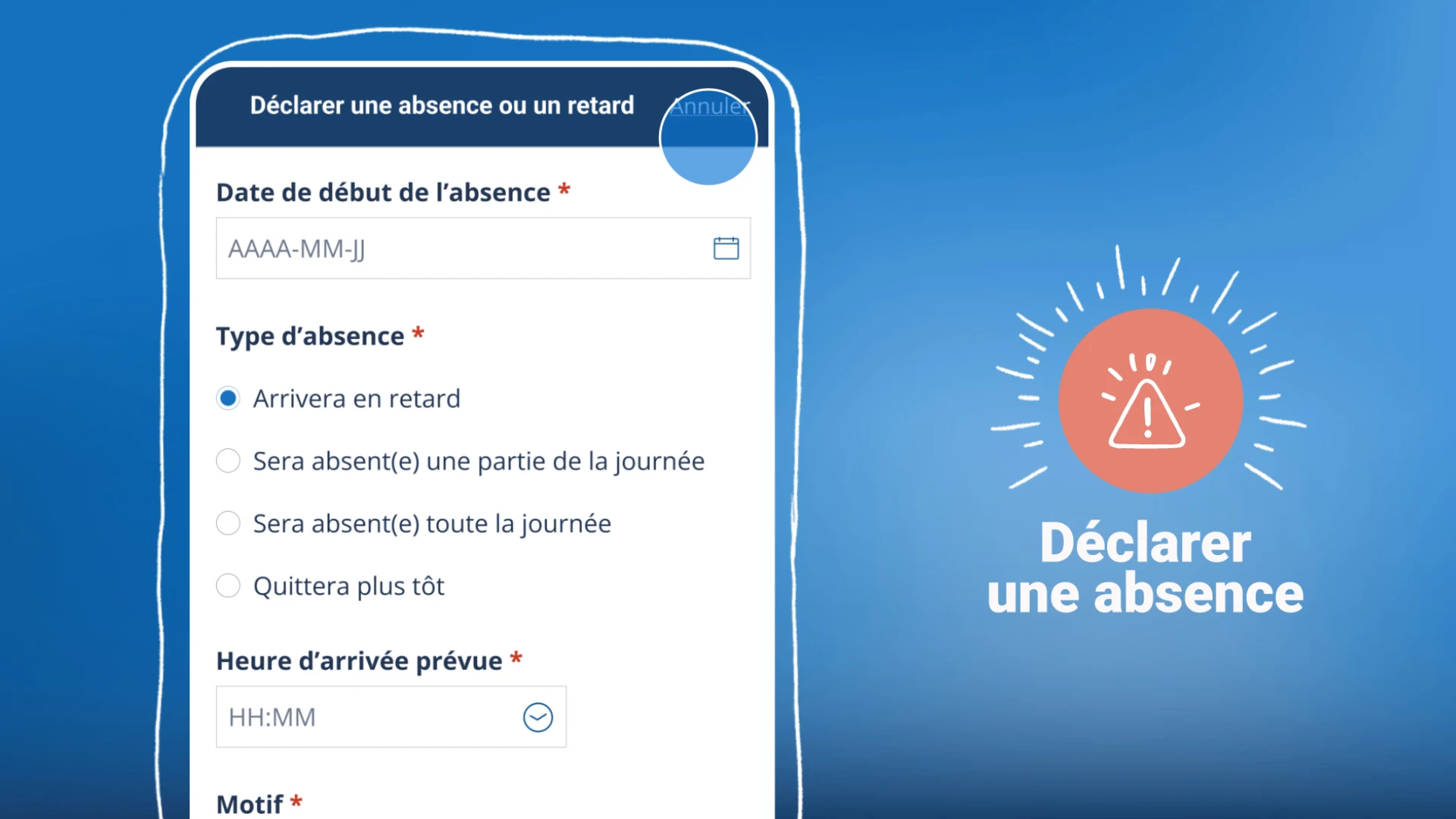 Le formulaire de déclaration d’une absence en français sur un téléphone, accompagné d’un pictogramme d’alerte