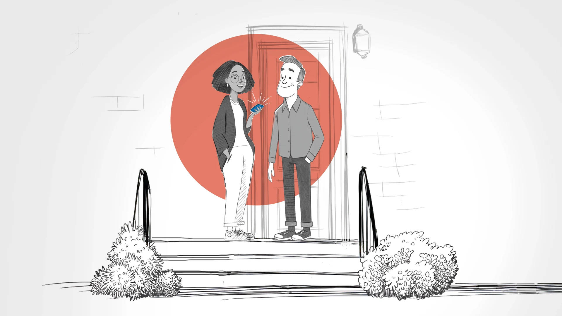 Two parents stand on their front steps, with the mother holding a phone in front of a coral circle