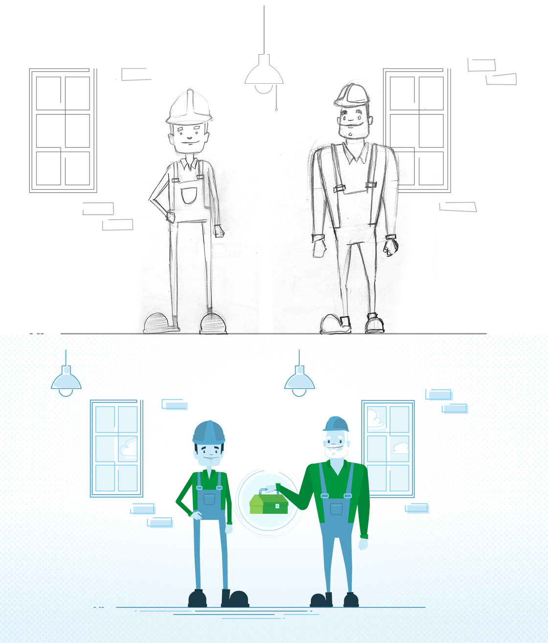 Sketch and illustration from the motion design video for EnviroCompétences