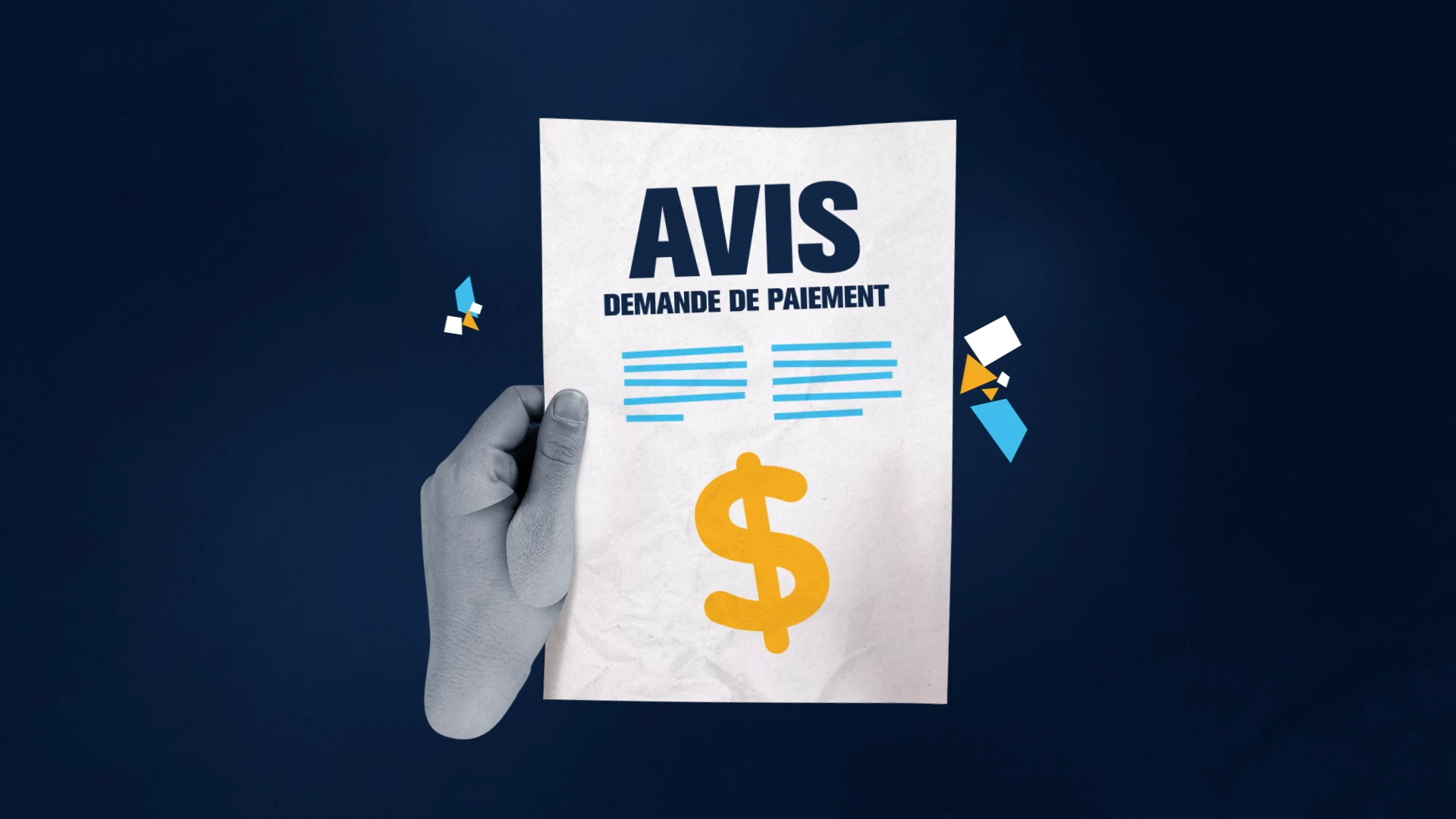 A hand holds a payment notice against a dark blue background