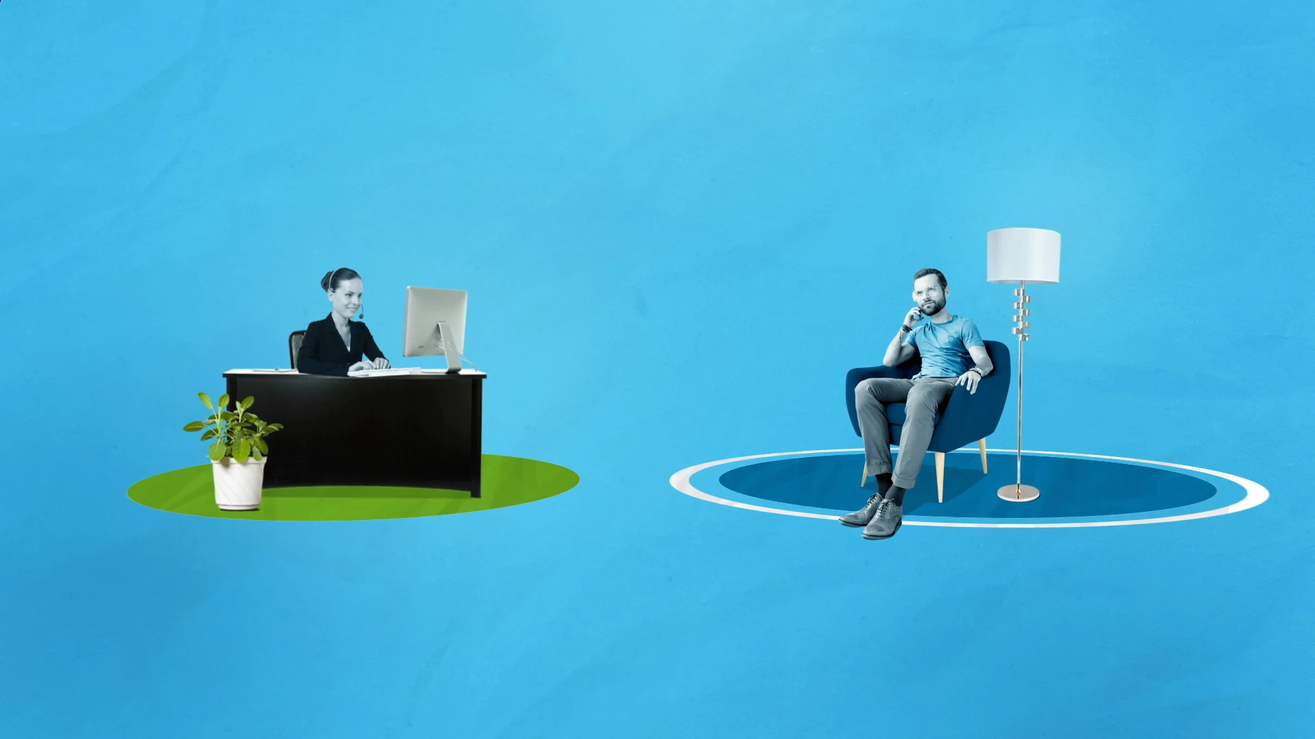 An agent at a desk and a person seated in an armchair against a blue background