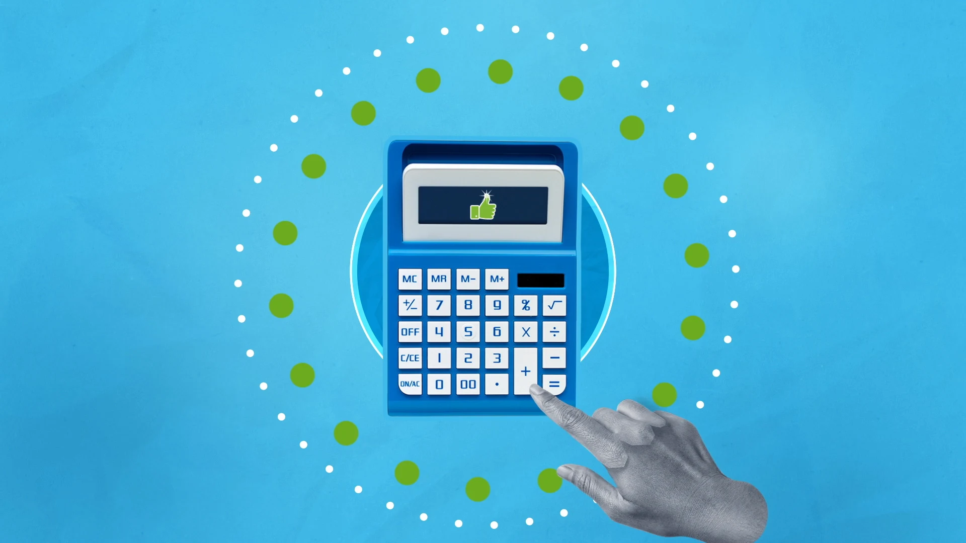 Blue calculator displaying a thumbs-up, surrounded by green and white dots