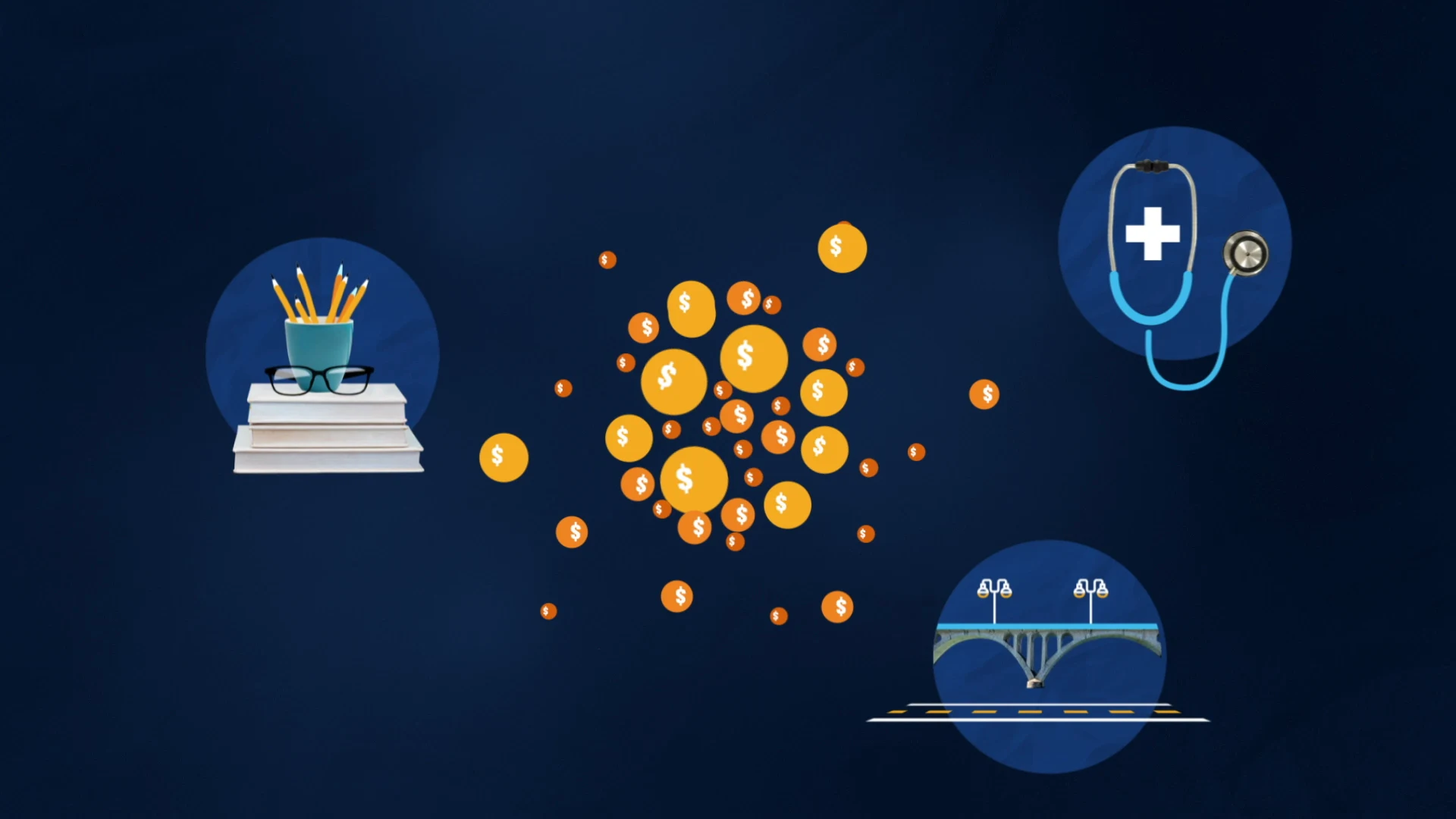 Coins surrounded by icons representing public services